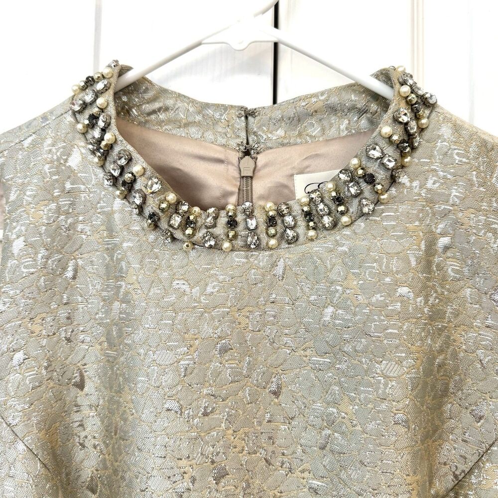Eliza J Gold Metallic Jacquard Fit & Flare Cocktail Party Dress Beaded Sz 14 - Picture 3 of 10